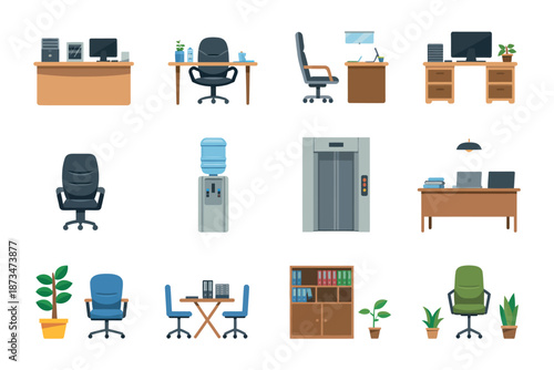 A collection of office furniture and equipment illustrations for business and workspace design