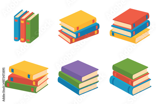A colorful illustration of multiple stacks of books in various sizes and colors