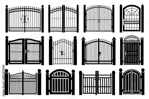 A collection of various metal gates and fences on a white background