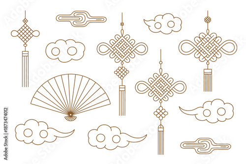 A collection of traditional Chinese decorative elements including fans, clouds, and intricate knots.