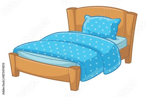 A cartoon illustration of a wooden bed with a blue polka dot comforter and pillow