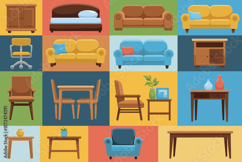 A colorful collection of various furniture pieces arranged in a grid pattern