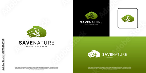 nature conservation logo, with a concept of hands and plants, nature preservation, future generations, graphic design template.