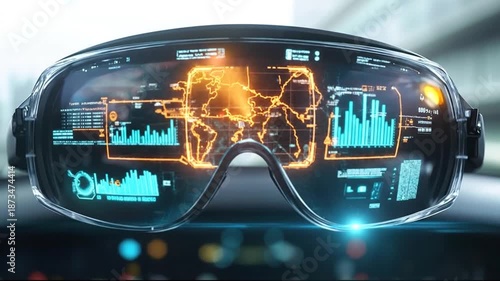 Futuristic VR headset displays holographic city map with data and analytics