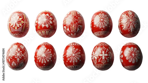 Happy easter eggs decorated red and gold isolated on transparent background