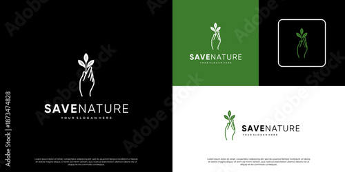Nature conservation logo with an abstract hand and leaf concept, environmentally conscious community, education, vector graphic design.