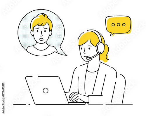 A customer service representative wearing a headset and talking to a customer online