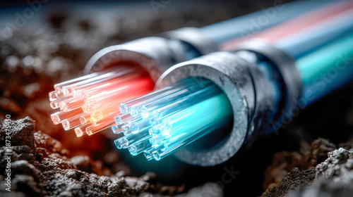 Fiber optic cables installed in underground trench for high-speed internet connection in urban area
