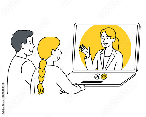 A man and woman engage in a video call with a smiling businesswoman on a laptop screen.