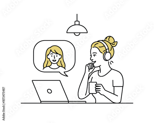 A woman wearing headphones sits at a desk with a laptop, engaged in an online conversation.