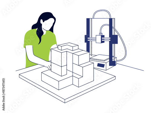 A woman working with a 3D printer and building blocks on a table in a workshop