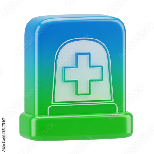Glossy health icon with a smooth gradient from blue to green, featuring a white cross symbol for healthcare services and hospitals.