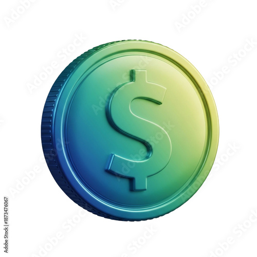 Gradient dollar coin: a 3d rendered coin with a smooth, gradient finish in shades of blue, green, and yellow, displaying the dollar sign prominently.
