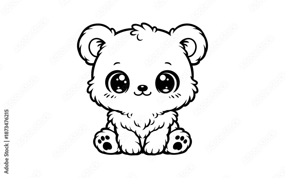Fototapeta premium Cute kawaii baby bear sitting on white background with big eyes