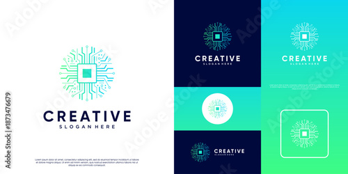 digital innovation logo with interconnected data points, hardware and software, graphic design illustration.