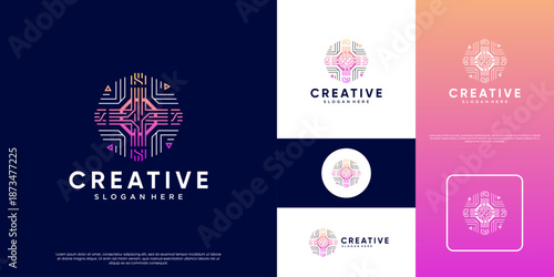Abstract logo for global future technology development of database systems, software and hardware services, vector graphic templates.