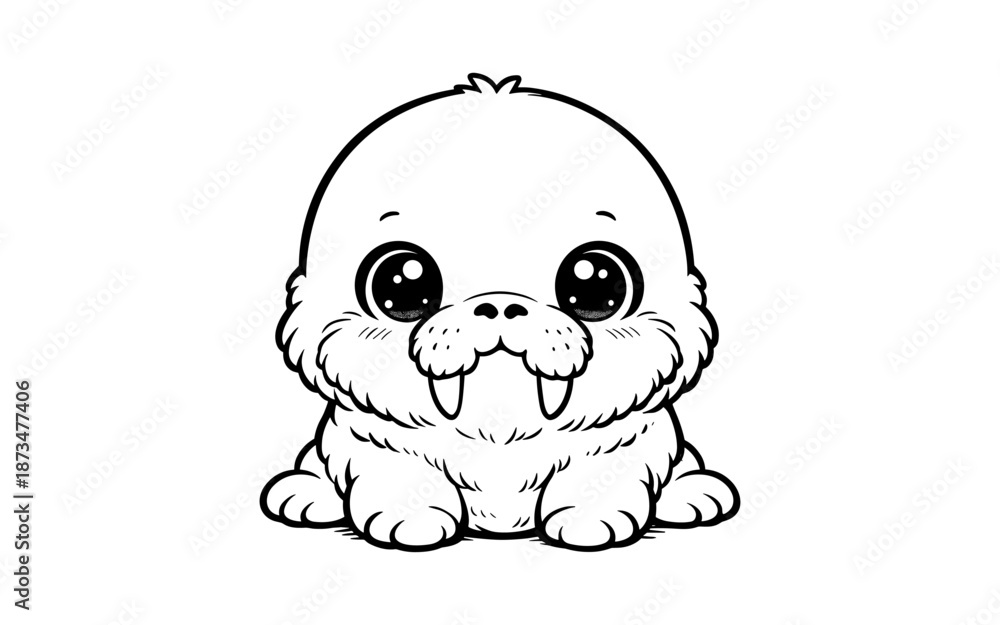 Naklejka premium Cute baby walrus with big eyes drawn in cartoon style on white background