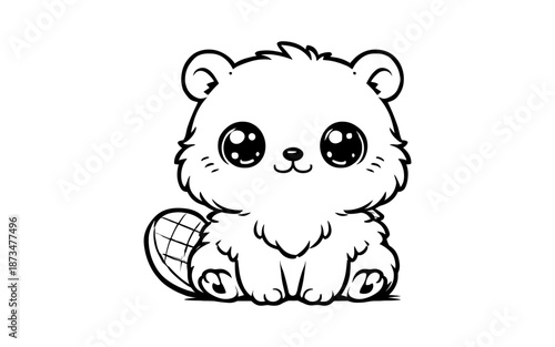 Cute kawaii beaver in black and white outline for coloring pages