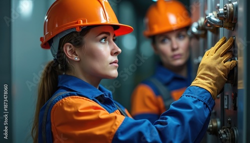 Woman electrician in orange hard hat works on electrical panel wearing safety gloves. Another female technician stands nearby. Women in construction. © Vadym