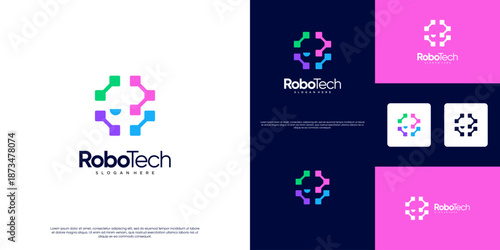 Interconnected molecular logo in the shape of a robot head, modern abstract style, colorful, vector graphic design.