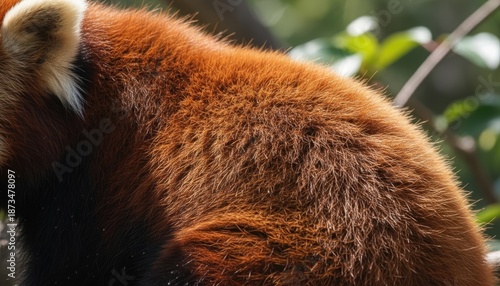 Close Up of a Red Panda Fur Detail with Sunlight Glinting on its Red Brown Coat Outdoor Natural Lighting Lush Green Foliage Background