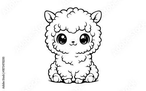 Cute fluffy alpaca with big eyes in adorable cartoon style on white background