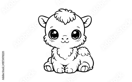Adorable baby alpaca line art with big eyes and charming expression