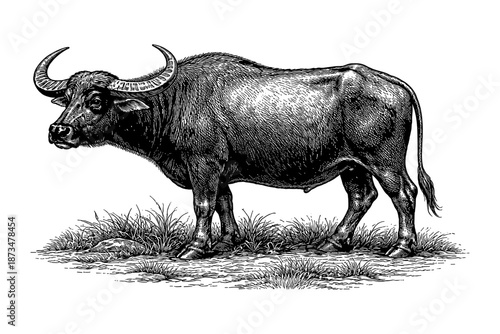 Detailed black and white illustration of a water buffalo standing on grass