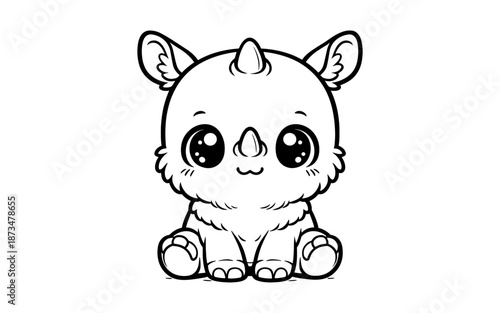 Cute baby rhino character with big eyes in black and white
