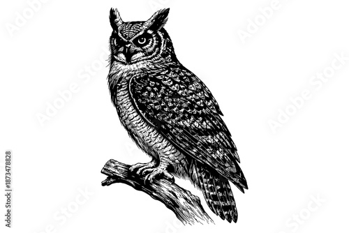 Intricate black and white illustration of a great horned owl on branch