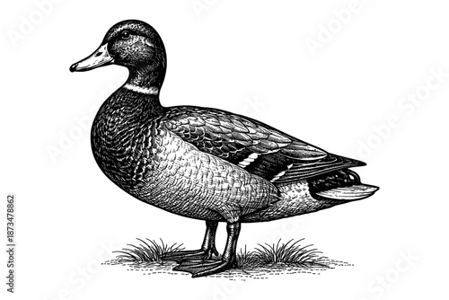 Detailed black and white illustration of a mallard duck standing on grass