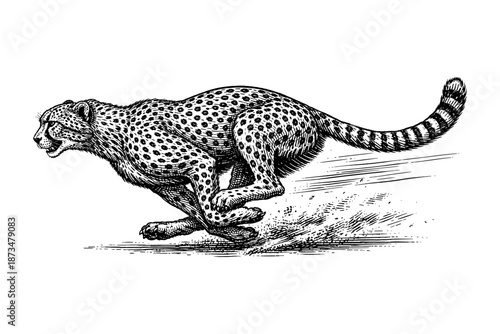 Ink drawing of a cheetah running fast with detailed spots and stripes