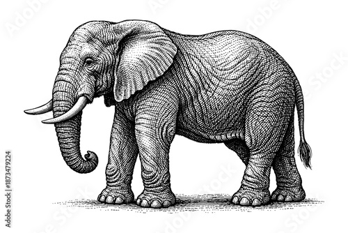 Detailed black and white illustration of an elephant with intricate patterns