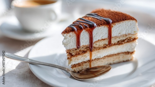 Delicious layered tiramisu cake with coffee and cocoa powder topping for dessert lovers