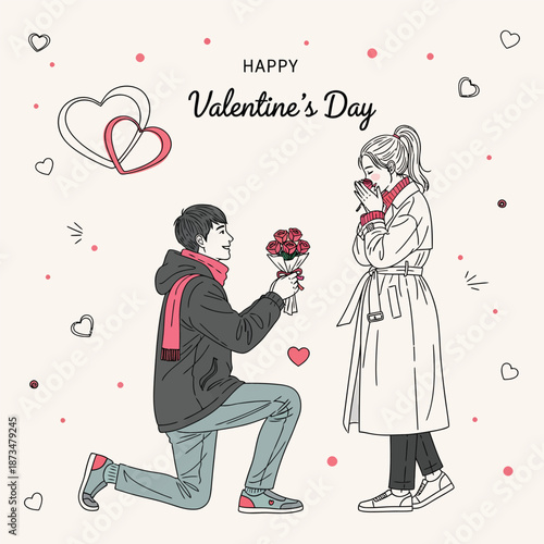 Man proposing on valentine's day with a rose