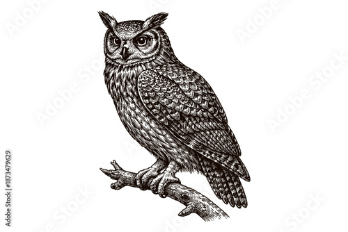 Intricate hand-drawn owl illustration on branch