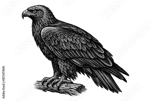 Intricate black and white illustration of an eagle perched on a branch