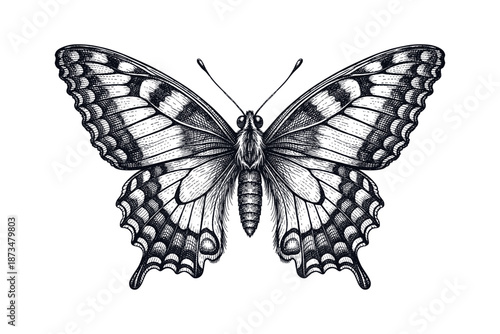 Intricate black and white illustration of a detailed swallowtail butterfly