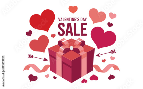 A Valentine's Day sale advertisement featuring a gift box surrounded by hearts and arrows on a white background