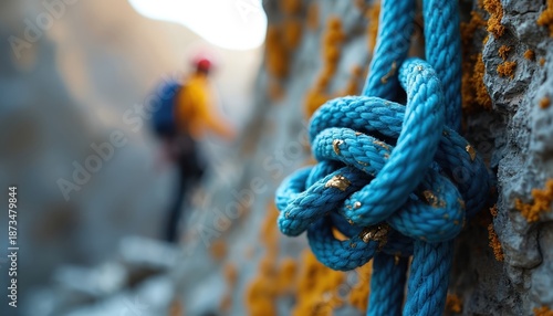 Close up of blue climbing rope knot on rock face. Blurred mountaineer ascends rocky slope in background. Focus on safety gear for adventure.