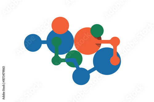A colorful molecular structure composed of interconnected blue, green, and orange spheres and bonds on a white background