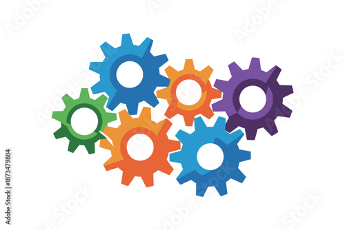 A colorful arrangement of interlocking gears on a white background