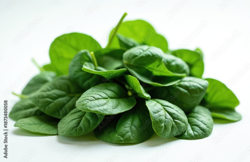 Fototapeta premium Pile of fresh green baby spinach leaves isolated on white background. Healthy leafy vegetable used for salads and cooking. Natural ingredient for dieting. Freshness.