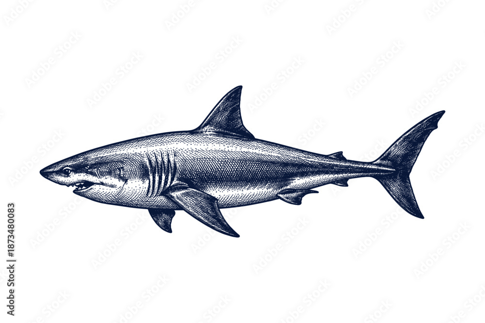 Fototapeta premium Detailed vintage sketch of a great white shark