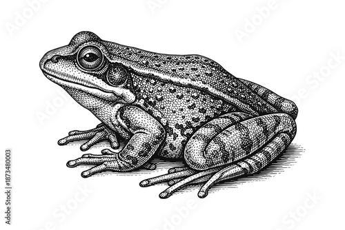Intricate black and white frog illustration with detailed texture