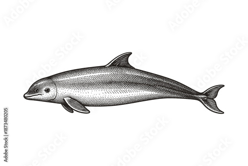 Detailed vintage dolphin illustration on white background