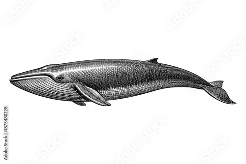 Detailed engraving of a blue whale with intricate line work