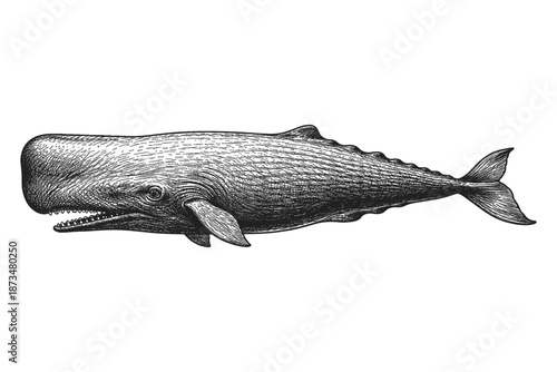 Detailed black and white engraving of a sperm whale in profile
