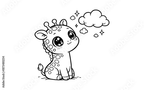 Cute baby giraffe with clouds and stars in black and white outline