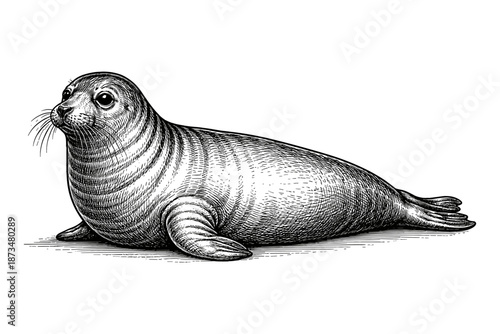 Detailed black and white sketch of a seal in a natural pose